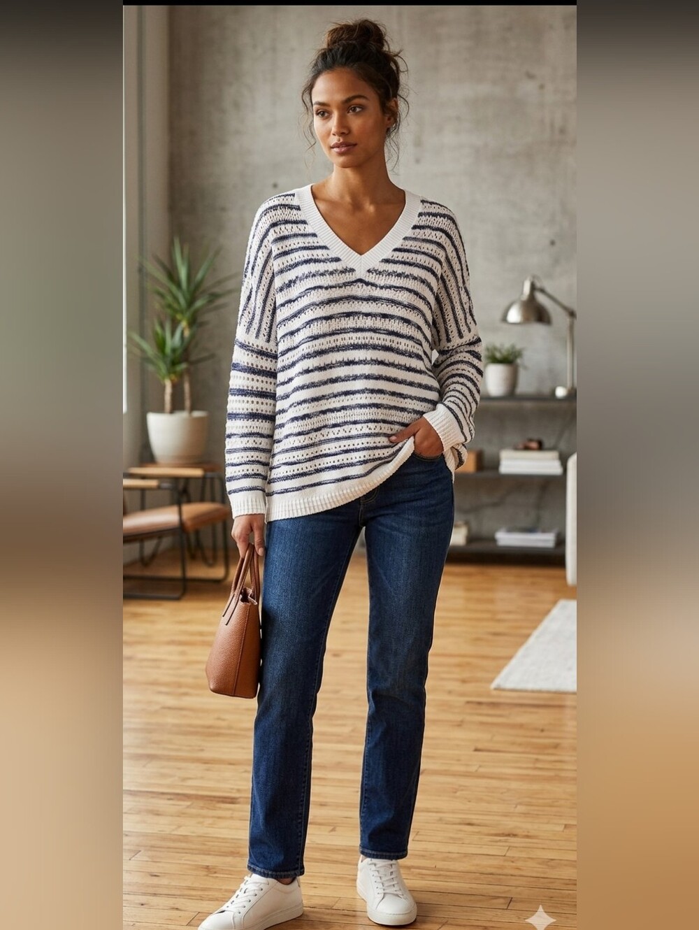 Cabi Striped Open‑Knit Cotton Sweater White/Blue Size L
